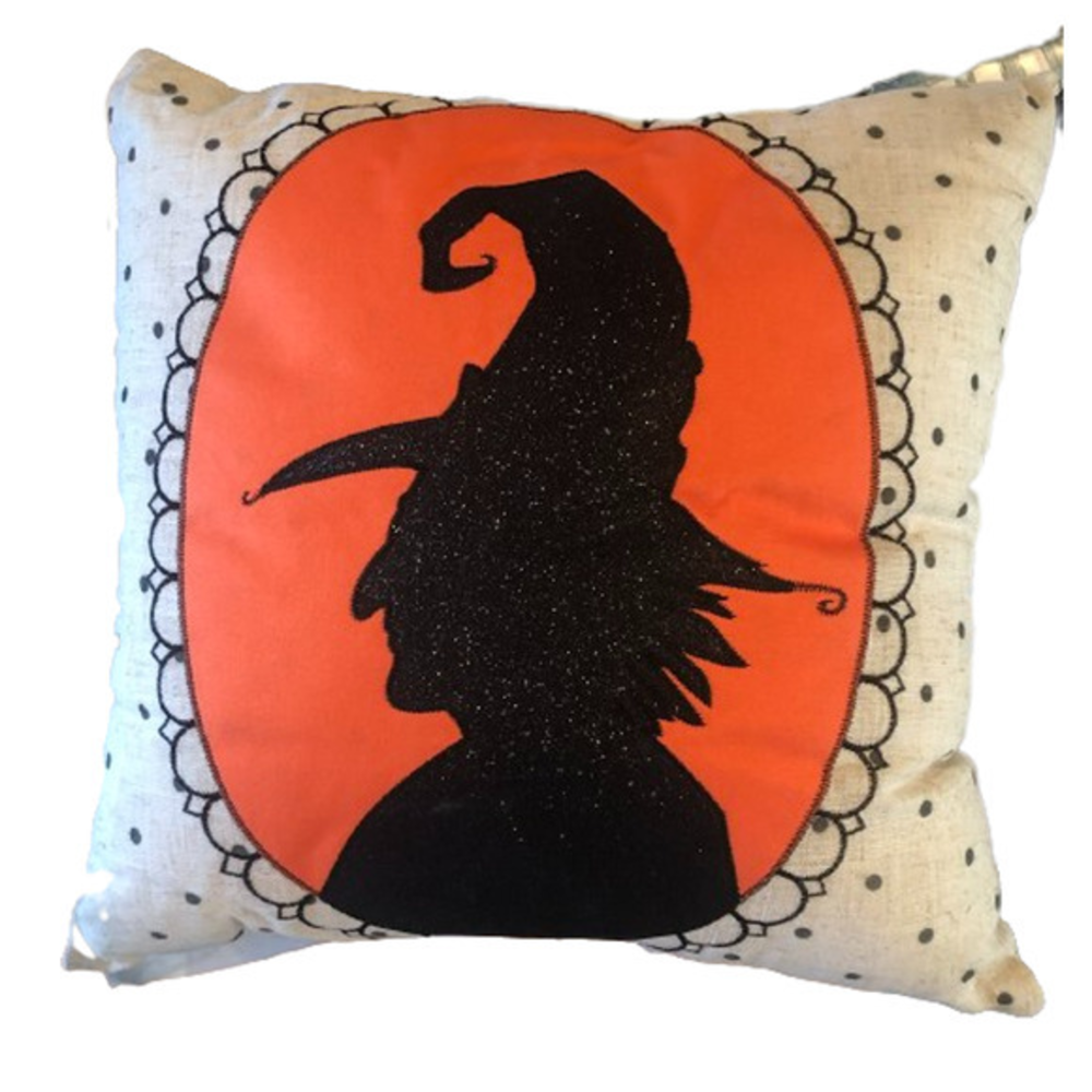 NWOT Halloween Witch Silhouette Pillow Cameo Witch Hat Orange Cream Polka Dots‎